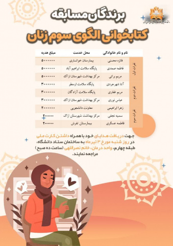 اسامی برندگان مسابقه کتابخوانی الگوی سوم زنان